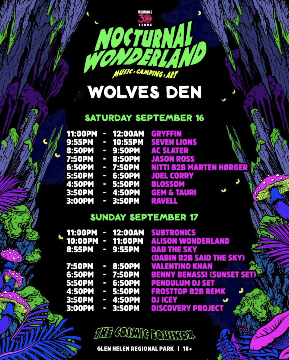 Discovery Project (@discoveryprjct) on Twitter photo Dance all night in the #CosmicEquinox this weekend with the <a href="/NocturnalWland/">Nocturnal Wonderland</a> #DiscoveryProject winner, <a href="/ShapeshftrMusic/">Shapeshftr</a>!
Catch his set at the #CampNocturnal pre-party on Friday from 1:30AM to 3:30AM PT βΊοΈπ² & his set at the Wolves Den stage on Sunday from 3PM to 3:50PM PT! β¨ Dance all night in the #CosmicEquinox this weekend with the <a href="/NocturnalWland/">Nocturnal Wonderland</a> #DiscoveryProject winner, <a href="/ShapeshftrMusic/">Shapeshftr</a>!
Catch his set at the #CampNocturnal pre-party on Friday from 1:30AM to 3:30AM PT βΊοΈπ² & his set at the Wolves Den stage on Sunday from 3PM to 3:50PM PT! β¨