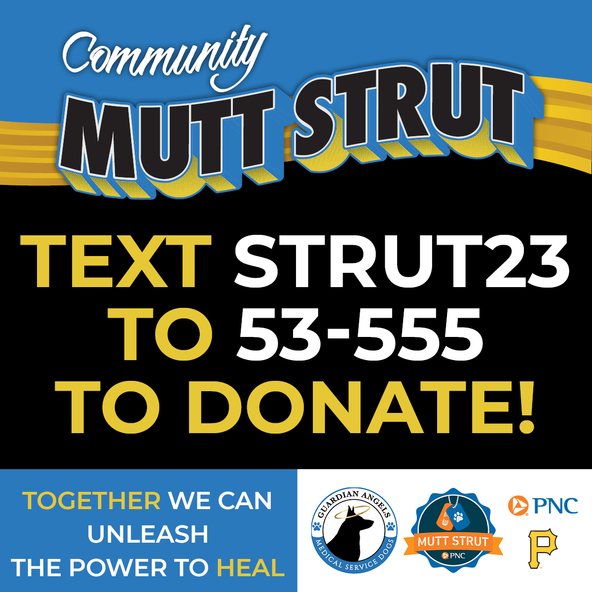 😇Want to support the #MuttStrut, presented by @PNCBank but nowhere near #Pittsburgh? 🤔 join in from your 💻 or ☎️🐾 💙text to give:'Strut23' to 53-555. Or, register for our online #auction! Itll be LIVE until 9/16 at 1:30 pm. Visit givebutter.com/c/MuttStrut23 to register