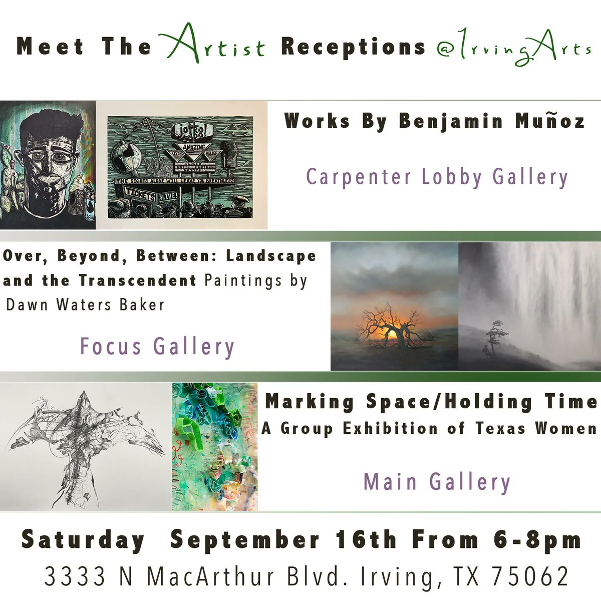 MEET THE ARTISTS! 

3 Receptions, many more artists! Don't miss the chance to meet the faces behind the work at Irving Arts!

#newexhibit #newgallery #artgallery #irvingevents #irvingarts #meettheartist #artreception #openingnight #texaswomen #texasartist