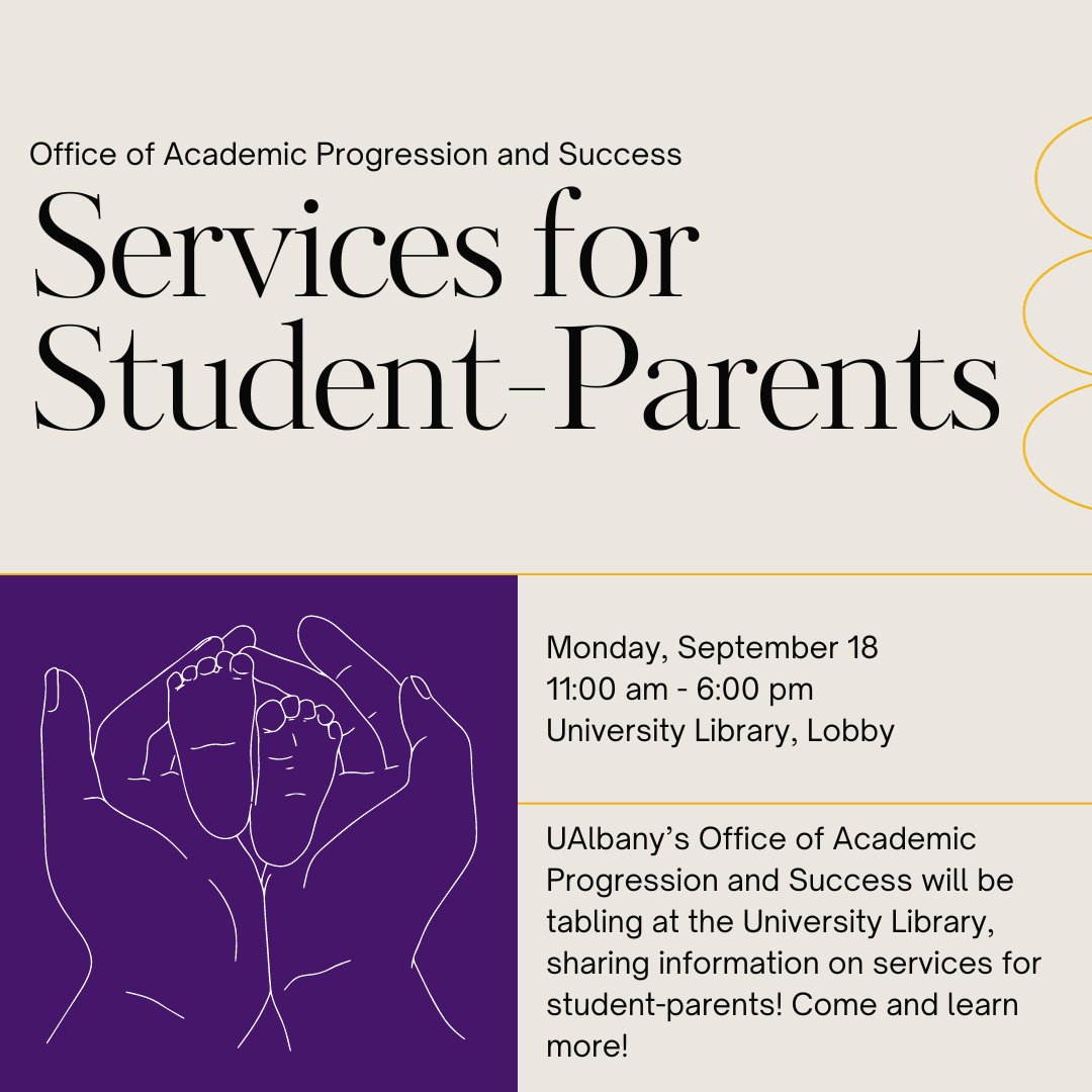 📣Calling all student-parents! Are you curious about what kind of services the University can provide to help support you? Drop by the University Library on Monday #UAlbany #UAlbanyLibraries #StudentParents
