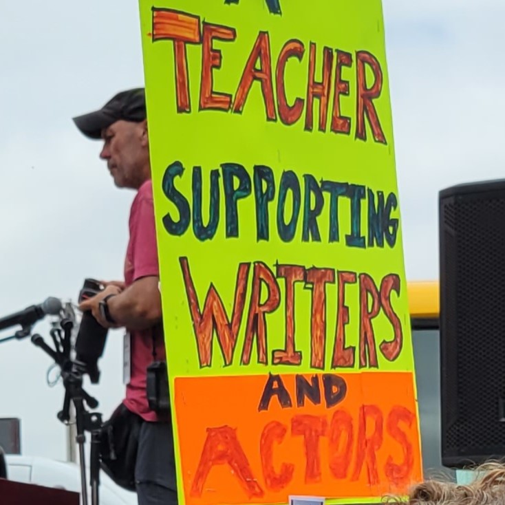 cca4Us's tweet photo. The signs said SAG/AFTRA &amp; WGA but could have said, part-time faculty, truck drivers, baristas, janitors, nurses, city workers, or teachers. The moment is now to fight for part-time parity &amp; fair contracts. #CCA4Us #CCA4UsCares #WeAreCTA #NEA #hotstrikesummer #SAGAFTRAstrike https://t.co/QiynbszFyk