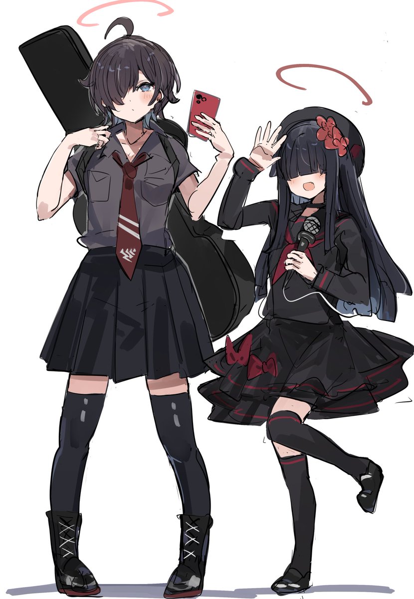 multiple girls 2girls thighhighs skirt black hair hair over eyes red necktie  illustration images