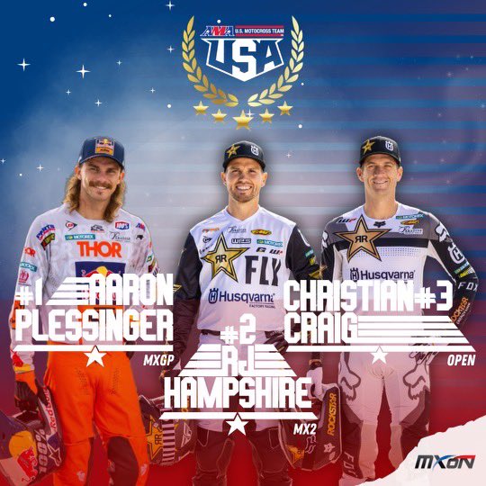 We’re in‼️ 🇺🇸 Team USA will send Aaron Plessinger, RJ Hampshire and Christian Craig to France to defend the Chamberlain Trophy at the 2023 Monster Energy Motocross of Nations🏆 🇺🇸 1️⃣ MXGP - Aaron Plessinger 2️⃣ MX2 - RJ Hampshire 3️⃣ MX Open - Christian Craig #MXoN