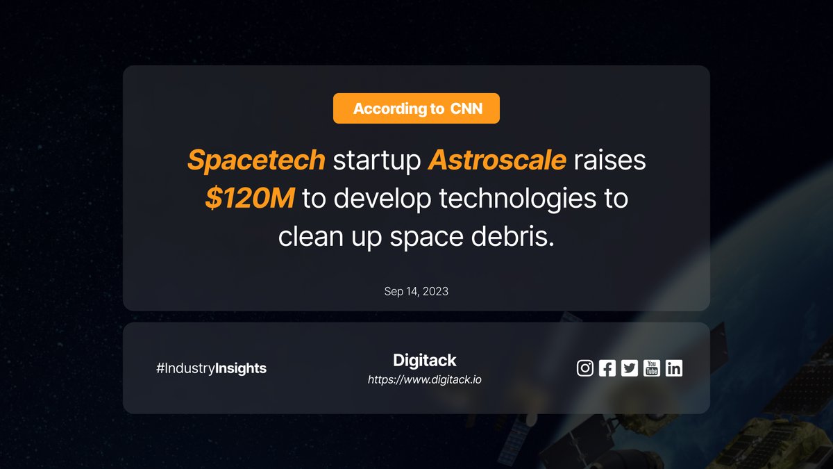 Digitack's tweet image. 🚀 Spacetech Startup Astroscale Raises $120M to Tackle Space Debris! 🛰️💫
Stay tuned for their contributions to a cleaner cosmos.
Follow Digitack for spacetech insights: digitack.io
#Astroscale #SpacetechStartup #SpaceCleanup #SpaceDebris #Funding #SpaceInnovation