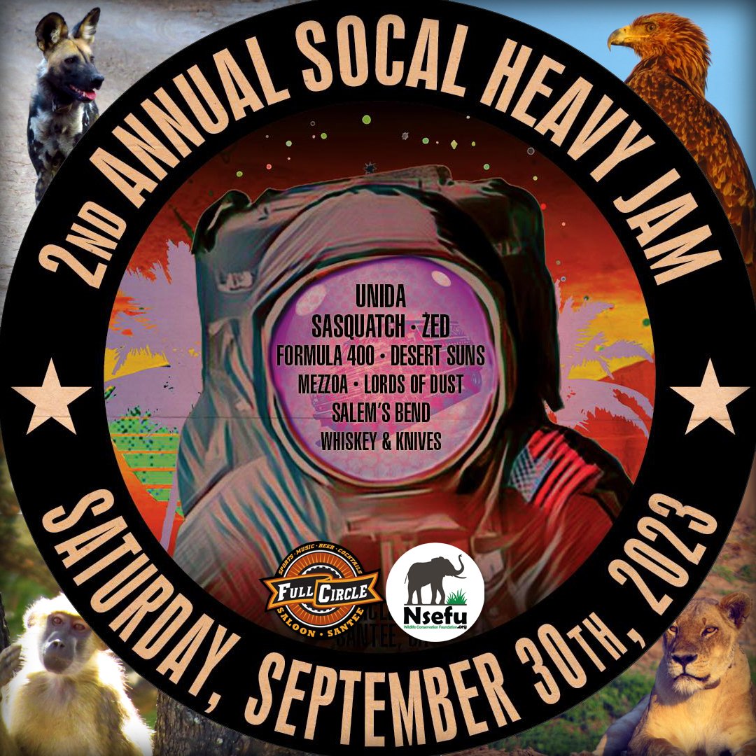 NsefuW's tweet photo. Join Nsefu Wildlife at the 2nd Annual SoCal Heavy Jam on Saturday, September 30th. Learn more: https://t.co/tvXg1h6nlT #nsefuwildlife #socalheavyjam #music #fullcirclesaloon #formula400 #desertsuns #mezzoa #lordsofdust #salemsbend #whiskeyandknives https://t.co/zyMBNcI2VR