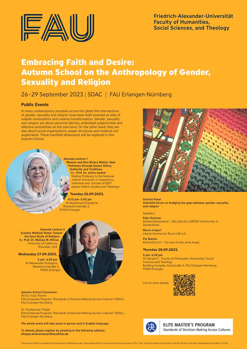 sdac_fau's tweet photo. We would like to remind you of our Embracing Faith and Desire Autumn School convened by PD Dr. Viola Thimm and Dr. Ferdiansyah Thajib. This Autumn School explores the intersections of gender, sexuality and religion from an anthropological lens. 
More details👇
#fau #sdacfau https://t.co/2RkIj11foN