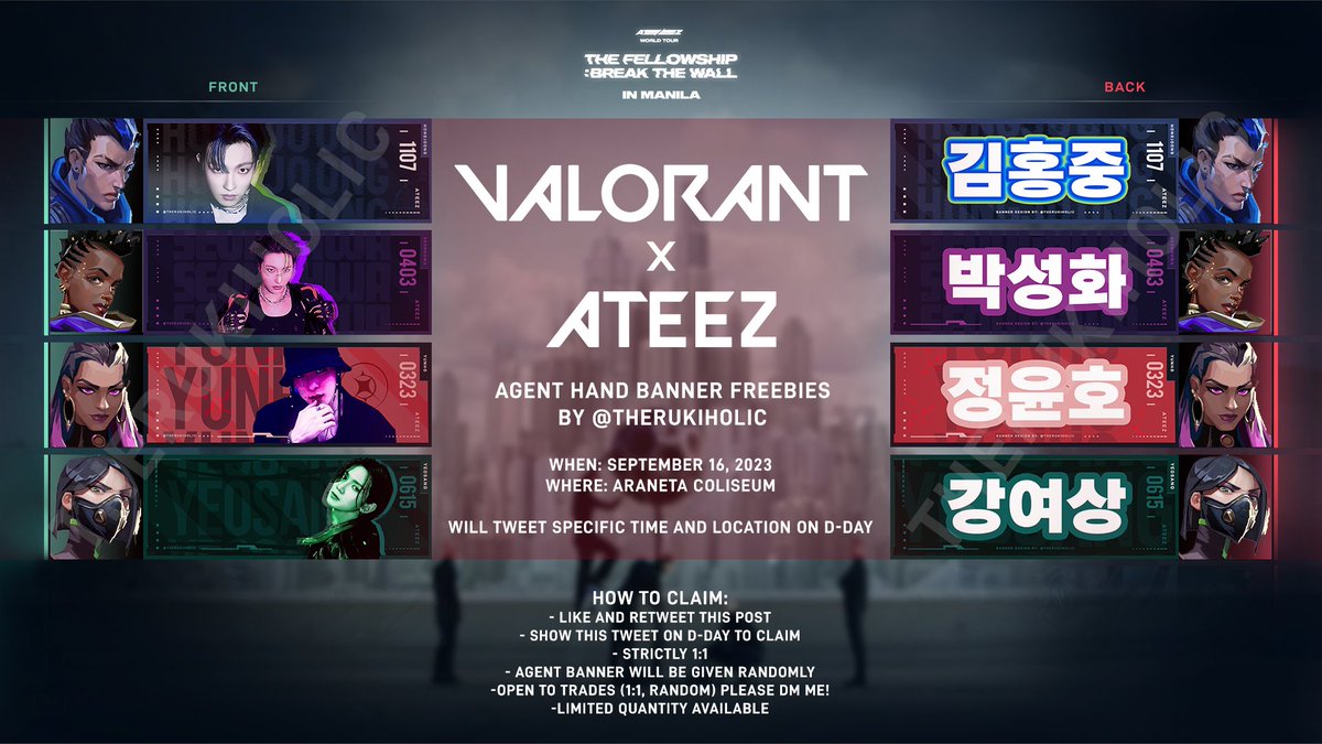 therukiholic's tweet photo. ✨ VALORANT x ATEEZ ✨
Agent Hand Banner Freebies

Break the Wall in Manila Fan Support by @therukiholic

- like &amp; rt
- limited quantity only!
- strictly 1:1
- details in the photos below

#Break_The_Wall_MNL #FilotinyFreebies #Break_The_Wall #ATEEZ #에이티즈 https://t.co/Ik477h3bao