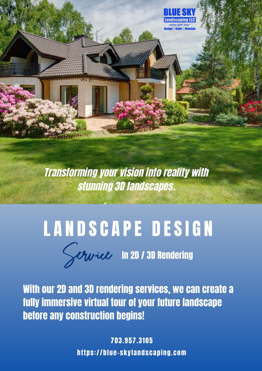 BlueSkyLScaping's tweet photo. Not sure where to start with your landscaping project? Our 2D and 3D rendering services help you visualize the possibilities and make informed decisions.
Contact us at 703.957.3105 and
https://t.co/9W2nSREn5V
#BlueSkyLandscaping #LandscapeDesign #2DRendering #3DRendering https://t.co/nT83vSq2hf