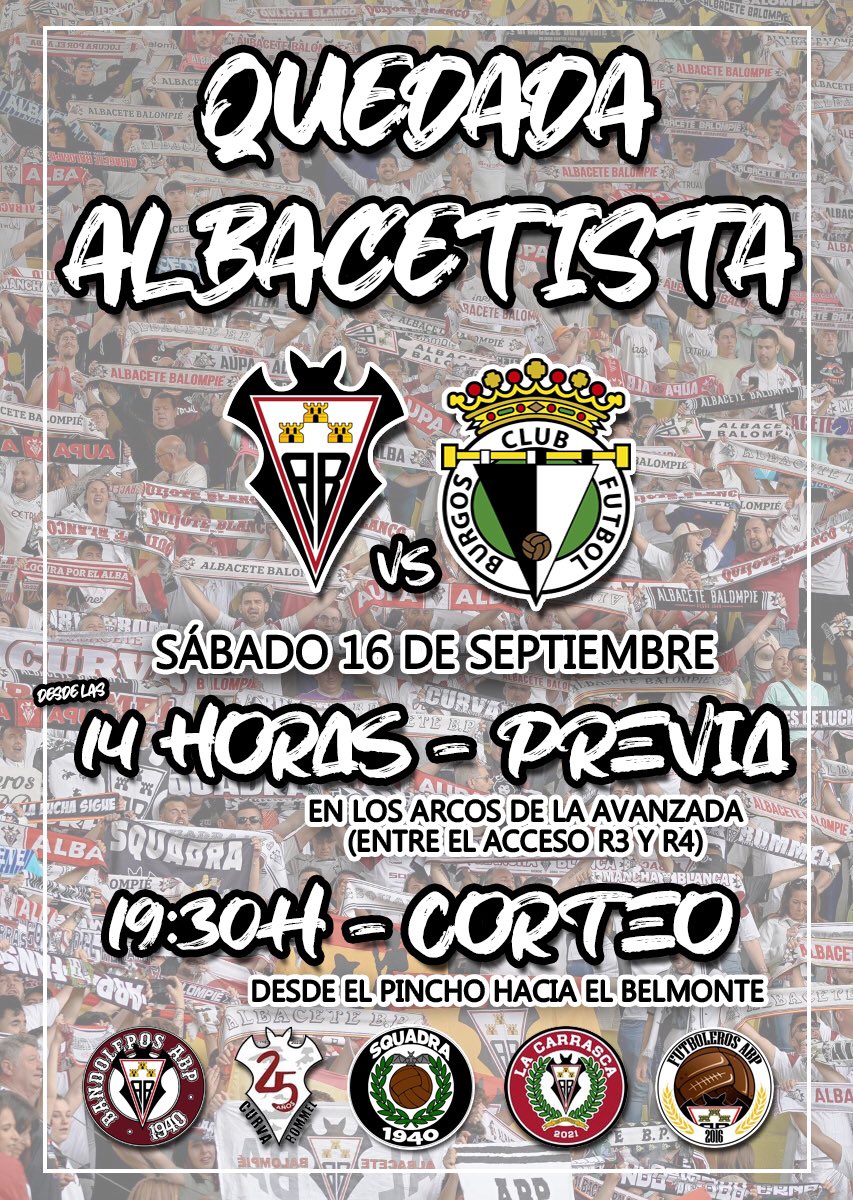 FutbolerosABP's tweet photo. 𝐐𝐔𝐄𝐃𝐀𝐃𝐀 𝐀𝐋𝐁𝐀𝐂𝐄𝐓𝐈𝐒𝐓𝐀 🍻🦇🎡
• Previa 𝐝𝐞𝐬𝐝𝐞 𝐥𝐚𝐬 𝟏𝟒𝐡 en La Avanzada. (Zona Arcos @CurvaRommel, etc…)
• Corteo 𝐚 𝐥𝐚𝐬 𝟏𝟗:𝟑𝟎𝐡 desde el pincho.
#OnlyABP #AnimaAlEquipoDeTuCiudad https://t.co/zNxkZcZHmv