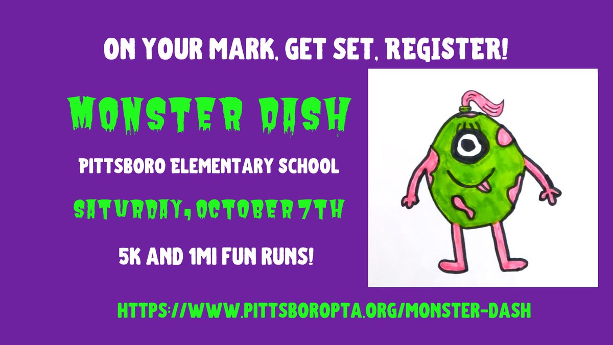 PittsboroPTA's tweet photo. Sign-up by EOD on Saturday, September 23, to secure your t-shirt! 5k and 1mi race distances are available. The 5k will start at 8am, and the 1mi will start at 9am on October 7, 2023.
Register here: https://t.co/T1Fy6aWD9m
#OurPES #OneChatham #MonsterDash https://t.co/qM8RHSxpfL