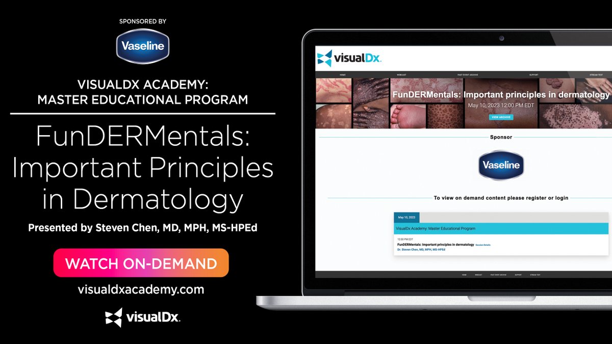 Our informative on-demand webinar with Dr. Steven Chen, supported by @VaselineBrand, is now available! Enhance your dermatology skills and enter to win a FREE 12-month VisualDx license! Join us today: bit.ly/fundermentals #MedTwitter #VisualDx #EquitableHealthcare