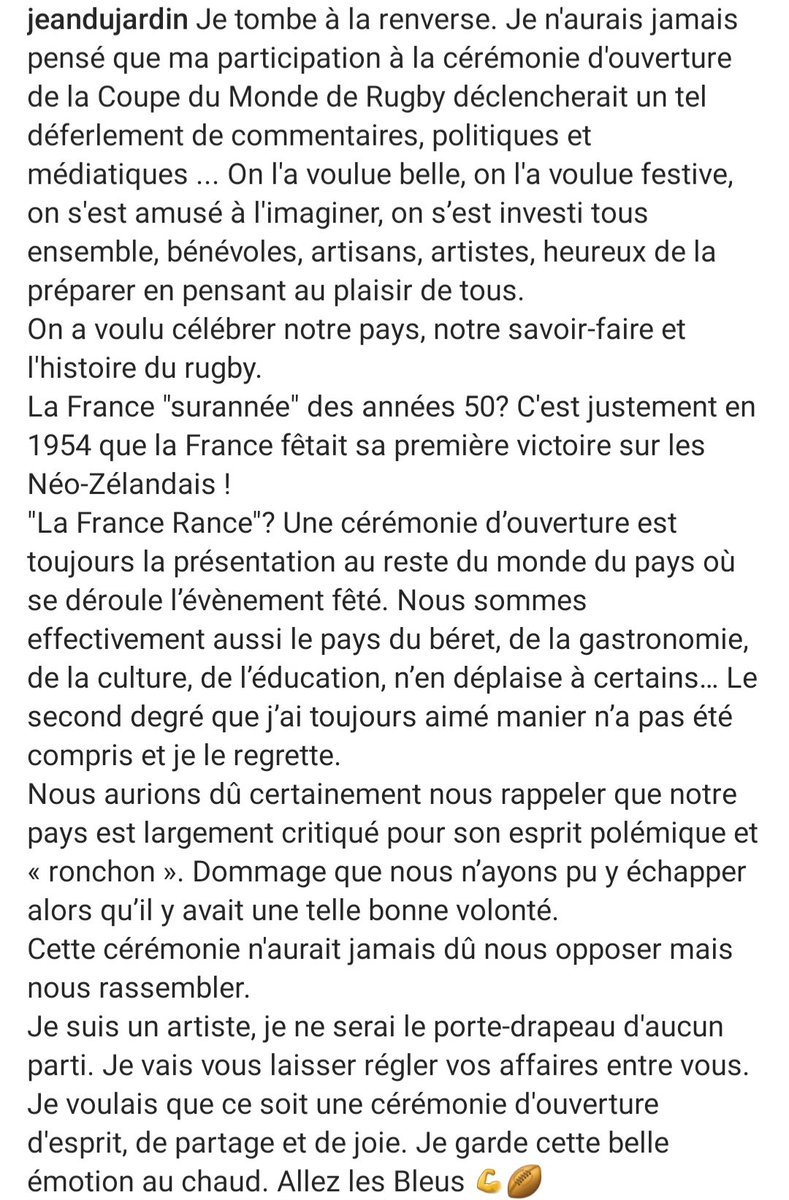AmauryBrelet's tweet photo. "Je tombe à la renverse.. On a voulu célébrer notre pays.. Nous sommes aussi le pays du béret, de la gastronomie, de la culture, de l'éducation, n'en déplaise à certains"

Jean Dujardin répond aux critiques et défend la cérémonie d'ouverture de la Coupe du monde de rugby #FRAvURU https://t.co/zBEDvfY7jN