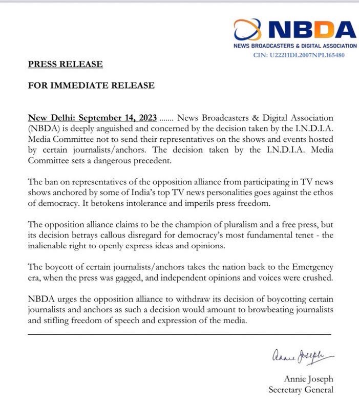Congress’s Emergency era model of working is coming back and if people of India vote for the “Ghamandiya” block then even 1984 riots may be back soon. Look at the letter from News Broadcasters &amp; Digital Association
<a href="/vijai63/">Dr Vijay Chauthaiwale</a>  <a href="/shishirkb/">Shishir Bajoria</a> <a href="/rsprasad/">Ravi Shankar Prasad</a> <a href="/sudhirchaudhary/">Sudhir Chaudhary</a> @Sudanshutrivedi