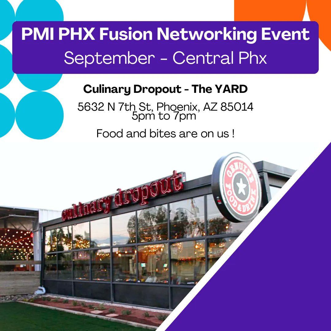 PHXPMI's tweet photo. In-person networking events are back!
PMI PHX Fusion Central Phoenix:
Culinary Dropout - The YARD
5632 N 7th St, Phoenix, AZ 85014
Join us between 5pm to 7pm. Food and bites on us!
Register: https://t.co/ugCZQoYYPB
#PMIPHX #PROJECTMANAGEMENT #NETWORKING #CULINARYDROPOUT https://t.co/PnW1Tyia2C