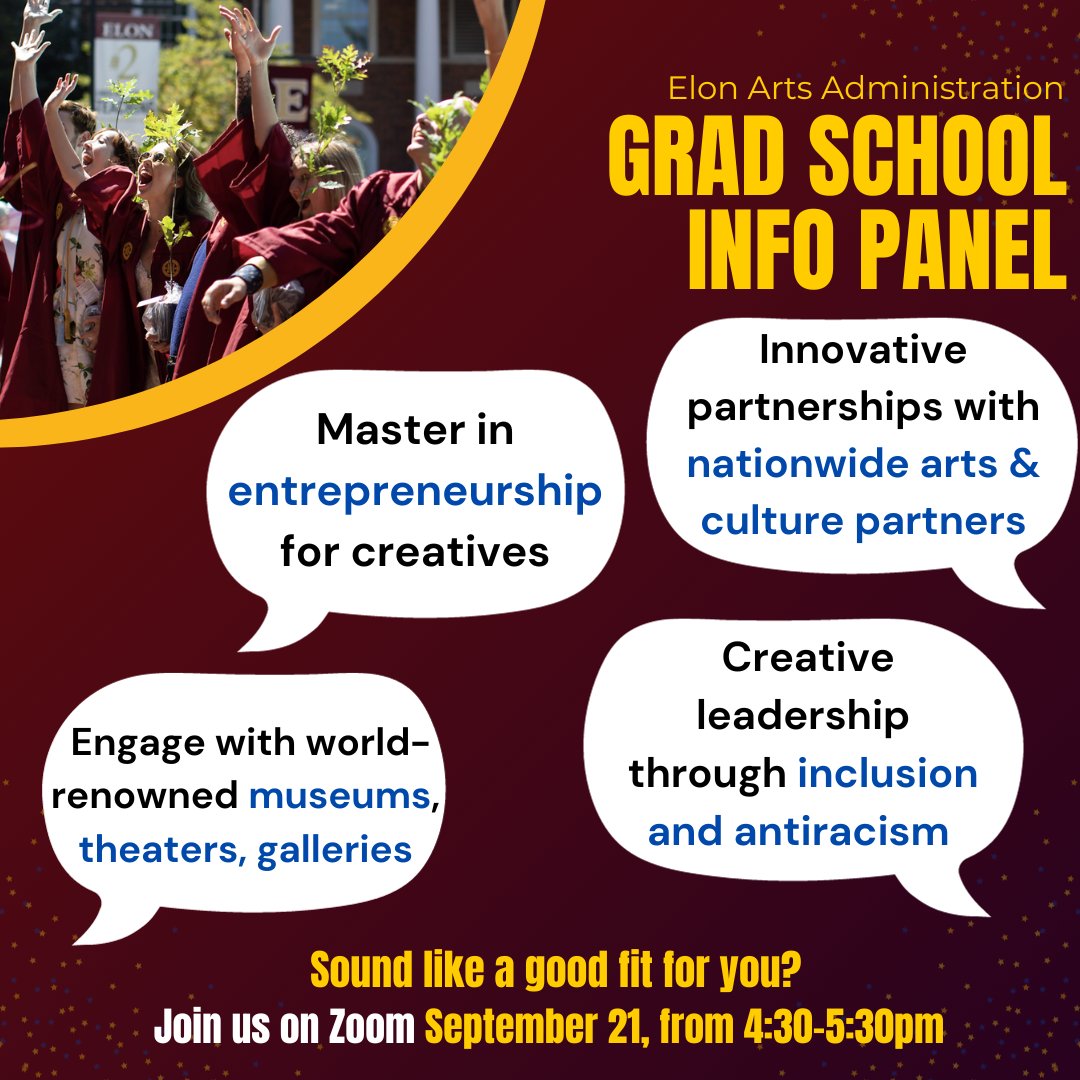 Curious about grad school? Learn more about some of the brilliant master's programs in Arts Administration by attending our expert Zoom panel!

<a href="/eloncareers/">Elizabeth Draper</a> #ElonArtsAdmin #ArtsAdministration
