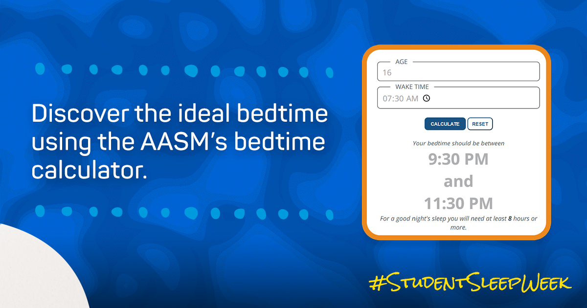 AASMorg's tweet photo. Maintaining a regular, nightly bedtime keeps your body in sync. Curious about the ideal bedtime for kids? Discover it using the AASM's bedtime calculator, aligned with sleep recommendations. https://t.co/f0THWv1aCv 🌙💤 #StudentSleepWeek #SleepForSuccess https://t.co/Dh6fHVeDS4
