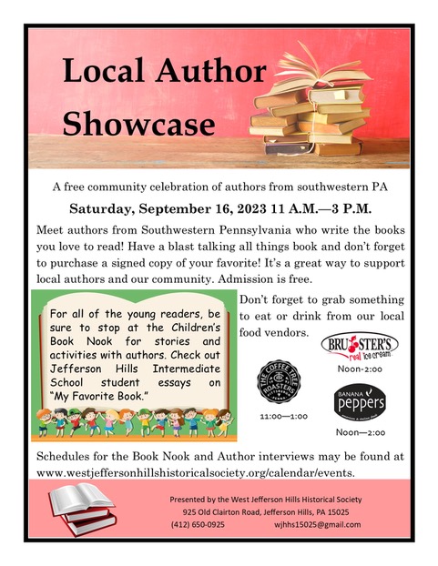 Hear Ye! Hear Ye! 
THIS SATURDAY 11am-3pm at the Local Author Showcase presented by the West Jefferson Hills Historical Society. Grab SIGNED copies of my books! 925 Old Clairton Road, Jefferson Hills, PA 15025.
Admission is FREE
#Pittsburghevents #books #jvhilliard #booksigning