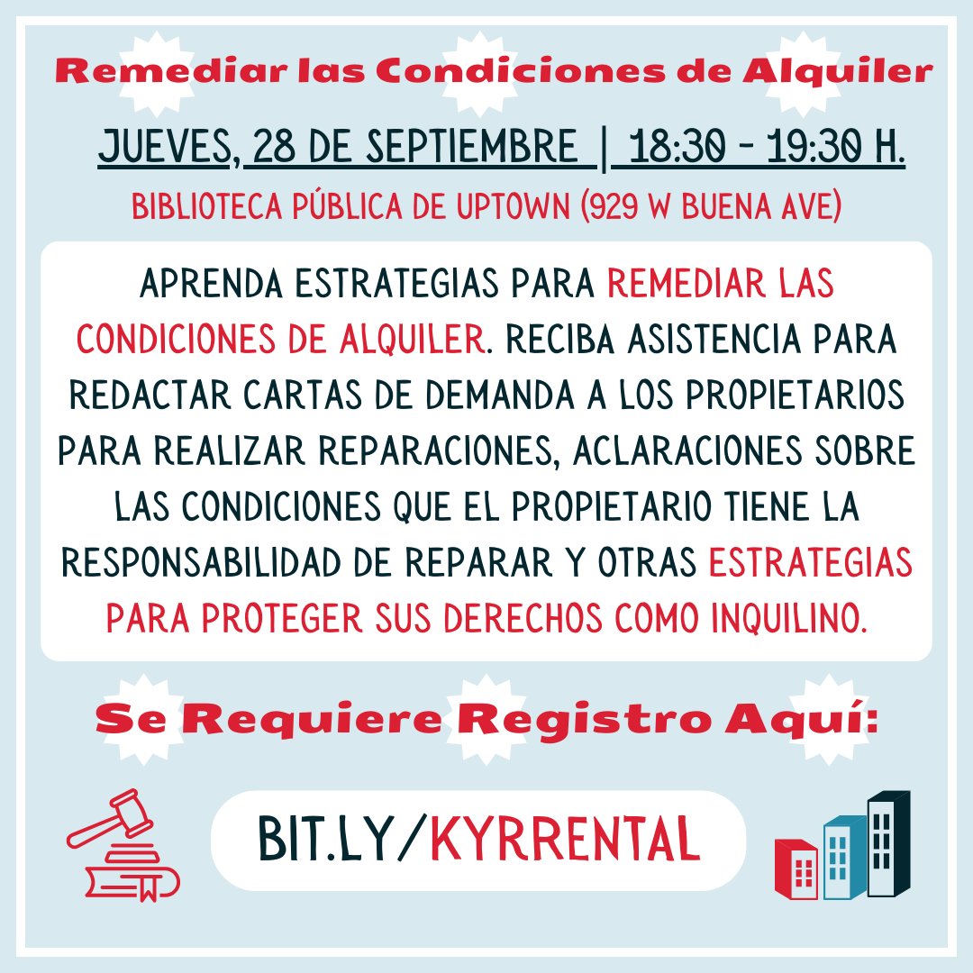 thelegalcouncil's tweet photo. ¡Marque sus calendarios para dos presentaciones en Inglés esenciales de @uplcchicago en la Biblioteca Pública de Uptown (929 W. Buena Ave.) este septiembre que podrían marcar una gran diferencia en sus derechos de vivienda! Regístrate para las dos formaciones. https://t.co/ppi5KBvPYL
