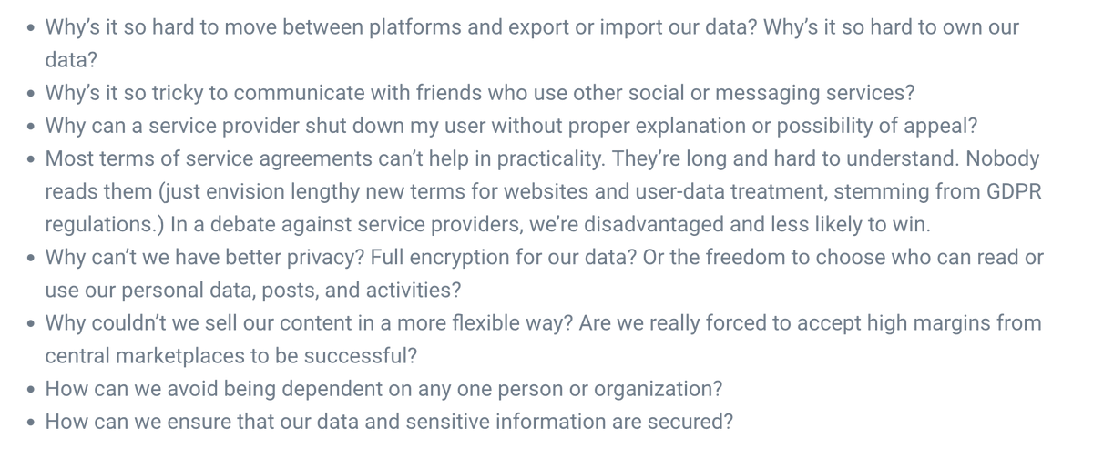 jjohnson5253's tweet photo. I began building in web3 because I wanted to improve the internet. I think we sometimes get caught in the weeds worrying about the "how" and forget the "what". It's important to step back and remember why we are doing what we are doing. Questions to consider from Marton Elek: https://t.co/GFaNqAMxdj