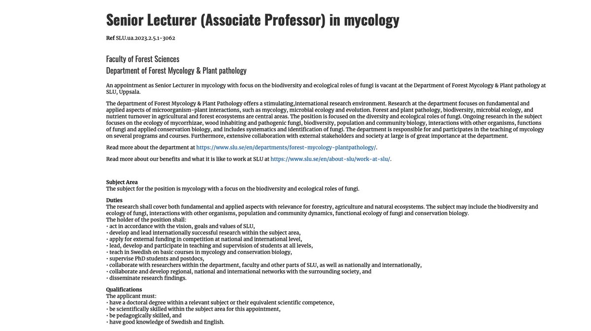 This does not happen very often: A lectureship in mycology at SLU, Uppsala. 🍄 Spread the word!!...and find it here: slu.se/en/about-slu/w…
