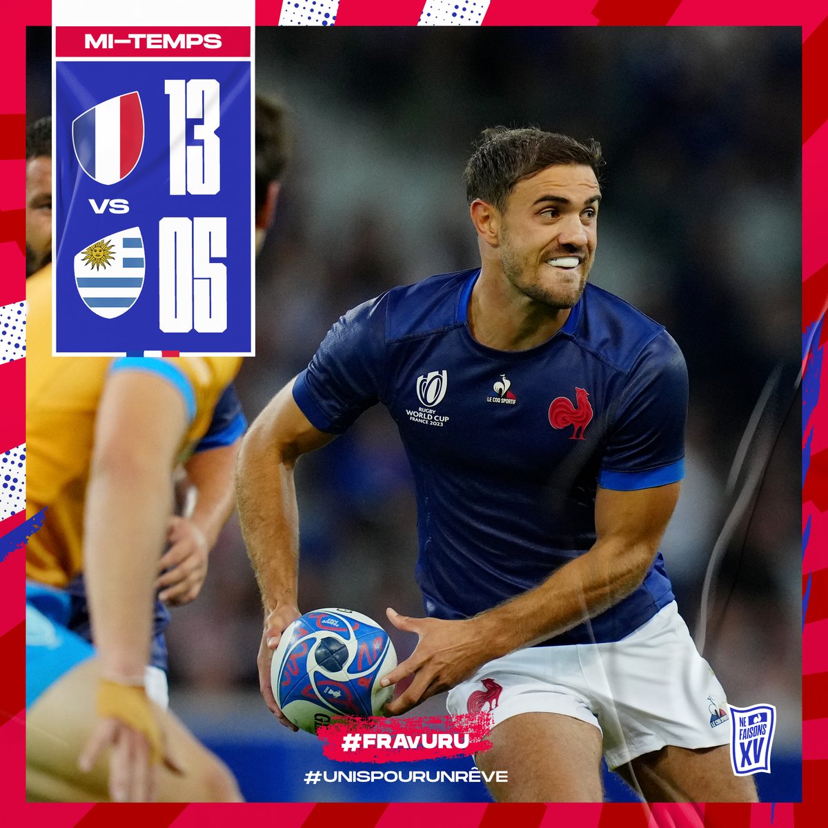 🇫🇷🇺🇾 C'est 𝒍𝒂 𝒎𝒊-𝒕𝒆𝒎𝒑𝒔 à Lille et les Bleus sont devant au score face à une belle équipe d'Uruguay ! 

𝑭𝑶𝑪𝑼𝑺 jusqu'au bout 💪

#FRAvURU #UnisPourUnRêve #RWC2023 #XVdeFrance