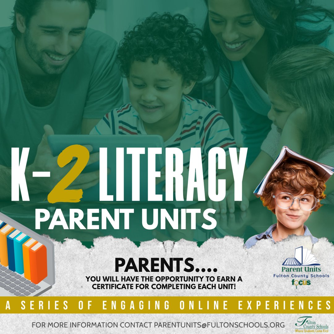 FultonCoSchools's tweet photo. Parent Units Help parents support their child’s academic success by creating engaging online experiences for early literacy. These units are designed to support families. More info is coming soon. If you have any questions, please get in touch with parentunits@fultonschools.org. https://t.co/fXXh5G3xFA