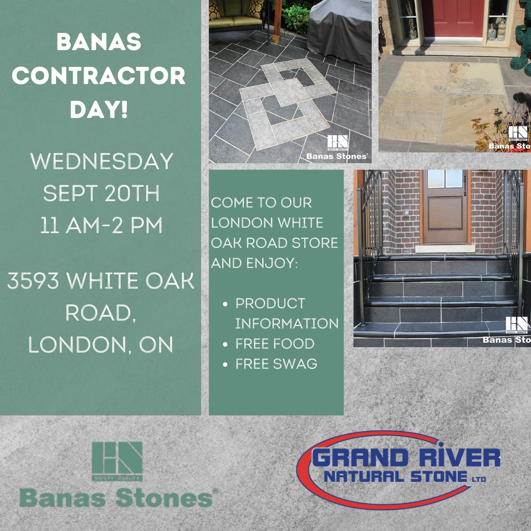 📣Calling all contractors!📣 Visit our store at 3593 White Oak Rd in London for a Contractor's Day hosted by Banas Stones.

Come talk to Banas Reps about any questions you may have, and of course, there will be free food and free swag! #contractorsday  🍂🪨🌭🎉