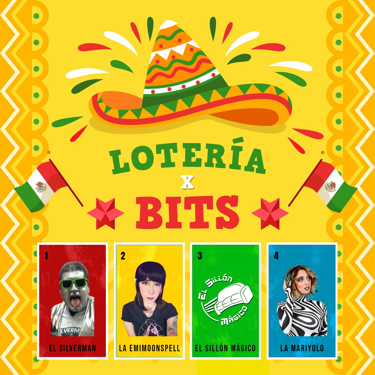 alextely's tweet photo. Les presentamos a los primeros streamers participantes de 💥 LOTERÍA X BITS 💥. Nos vemos este sábado 16 a las 5pm CDMX 🇲🇽 para celebrar nuestra noche mexicana 🪅 en nuestro canal de Twitch.

➡️ https://t.co/Mhrjqq7a4z ⬅️ https://t.co/EXzoUKMaeM
