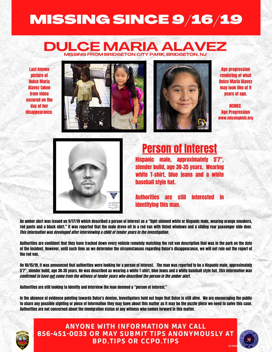 BridgetonPD's tweet photo. 4TH ANNIVERSARY OF THE DISAPPEARANCE OF DULCE MARIA ALAVEZ
9/16/23 marks the 4 year anniversary of the disappearance of 5 year old Dulce Maria Alavez.  Dulce would be 9 years old today.  
Please LIKE and SHARE.
#Dulce #FindDulce #NCMEC #NJSP #FBI https://t.co/t4pbgXBnSq