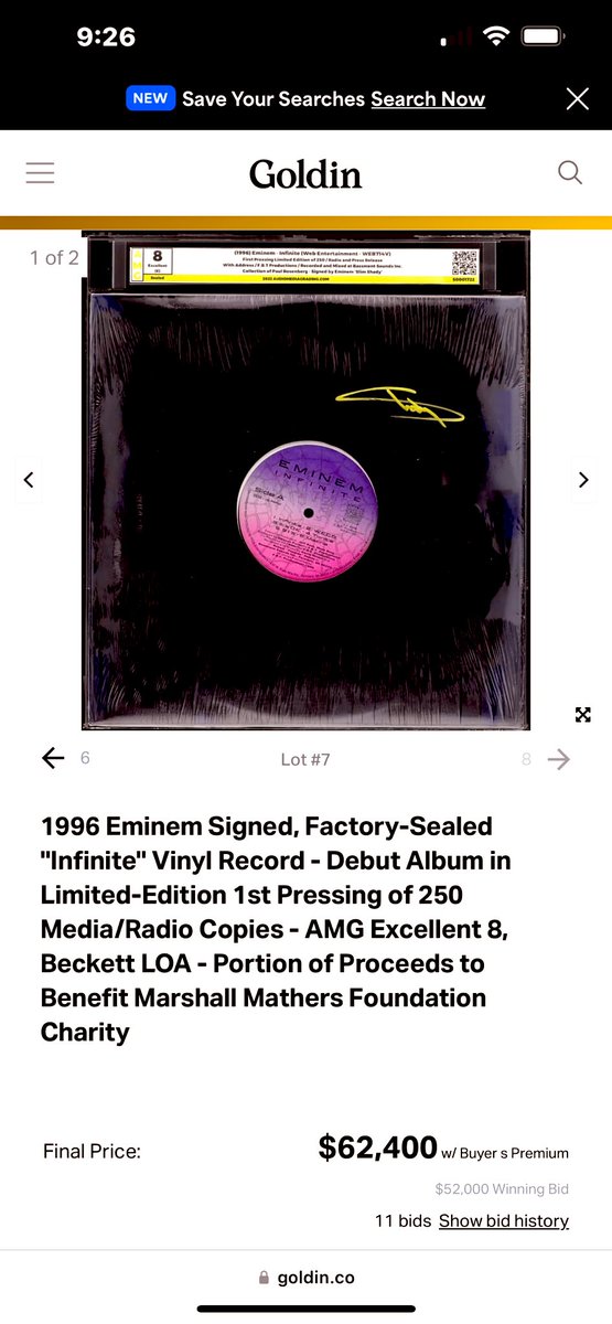 Last night @Eminem’s autographed “Infinite” Promo First Pressing sold for $62,400 (with Buyers Premium) at @GoldinCo which makes it highest a hip hop album that was a commercial release has gone for at Auction! Thank you @rosenberg & @KenGoldin for everything. And of course Em!