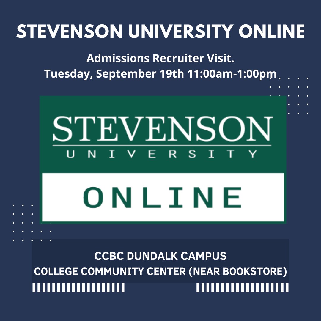 CCBCTransfer's tweet image. Learn more about Stevenson University Online. Tuesday, September 19th at CCBC Dundalk.