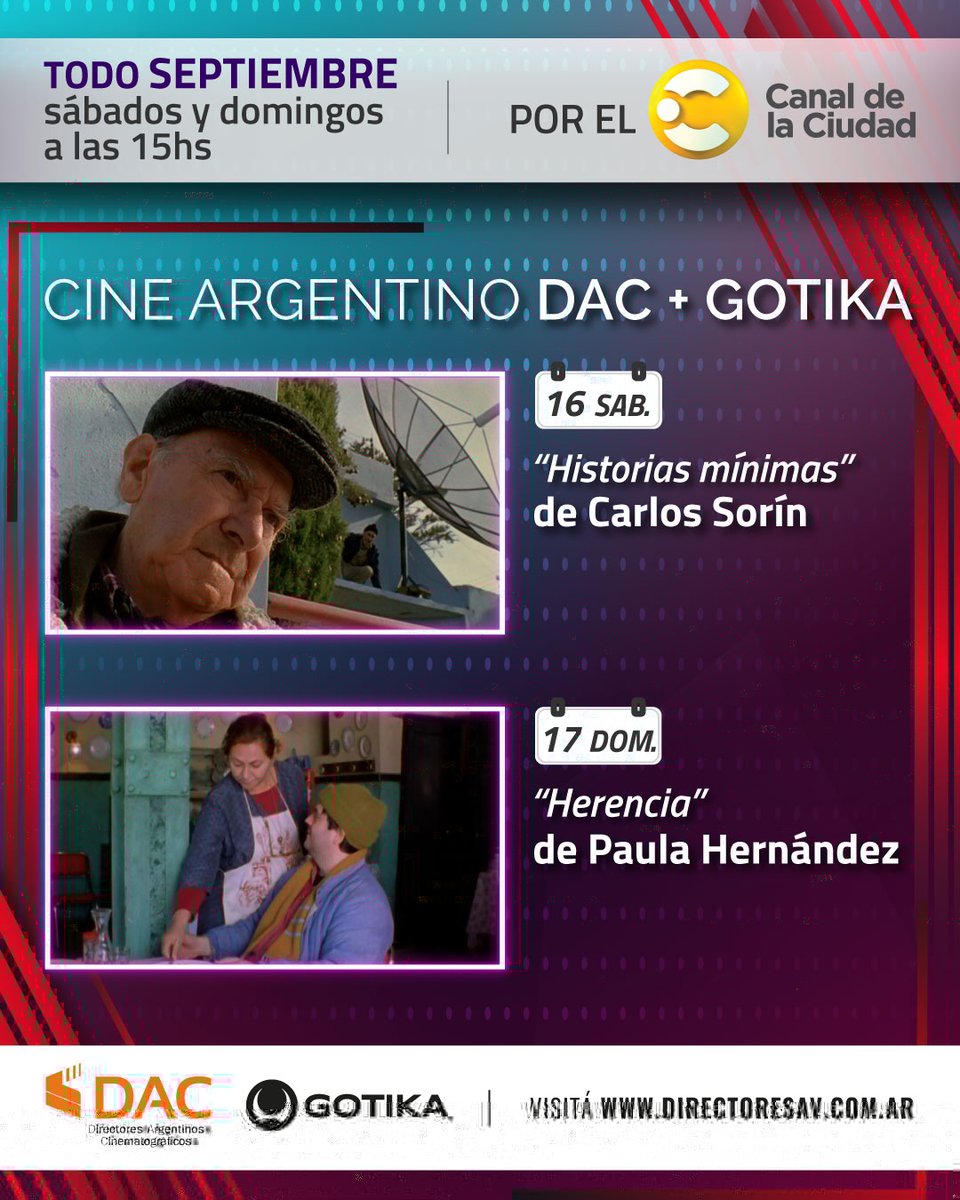 dacdirectores's tweet photo. 📺 Septiembre de "Cine Argentino DAC + Gotika" @gotikamedia
📅 Los sábados y domingos a las 15hs por @CanalCiudadBA
📲 Más info en https://t.co/Bar8Qx6b01
#DacDirectores #PlanRecuperar #Gotika #CanalDeLaCiudad #cineargentino https://t.co/nqrqiw0v5U