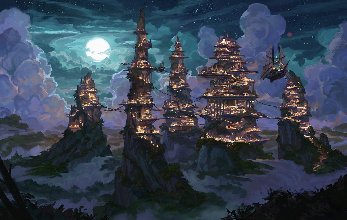 iDrawBagman's tweet photo. The rest of my art from #ExquisiteExandria! 

Got to paint an establishing shot from each of the continents as transitional pieces for the cookbook which, of course, means cloudy mountains 

(I'm particularly proud of the night shot of Jrusar✨) https://t.co/iiL06TTbaU