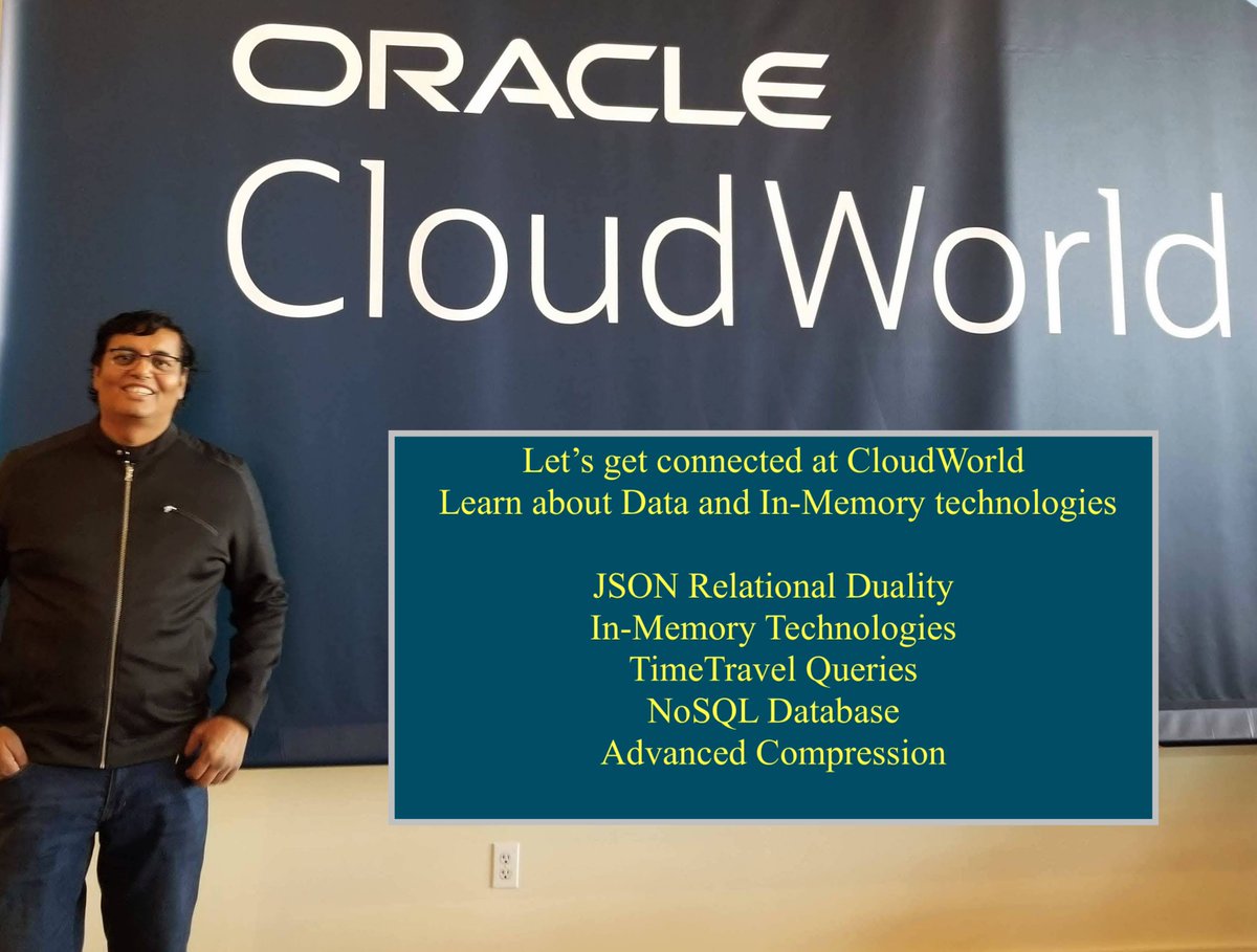 ranjanpriya's tweet image. Data and In-Memory team would love to meet with you &amp;amp; hear from you at Oracle CloudWorld. Several presentations &amp;amp; Demo booths planned to immerse you with all we have :-) 

Discuss JSON Relational Duality, Fast Analytics &amp;amp; OLTP, Fast NoSQL, Adv Compression, TimeTravel &amp;amp; more