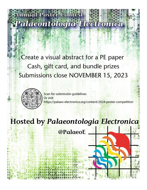 PalaeoE's tweet image. PE is pleased to invite students and post-docs to participate in our poster competition, where participants create a visual abstract poster for any PE article from our history of publications, with the opportunity to win a cash prize: palaeo-electronica.org/content/poster…