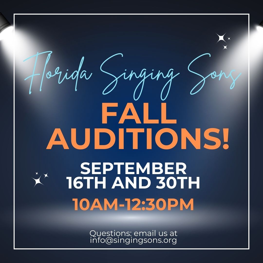 Love to sing? Come check us out! Auditions this Saturday from 10am-12:30pm! Boys grades 2-12; all genders grades 9-12 (Chorale Soleil). No need to pre-register, just show up anywhere during that time, ready to sing!

Learn more: floridasingingsons.org/join-us