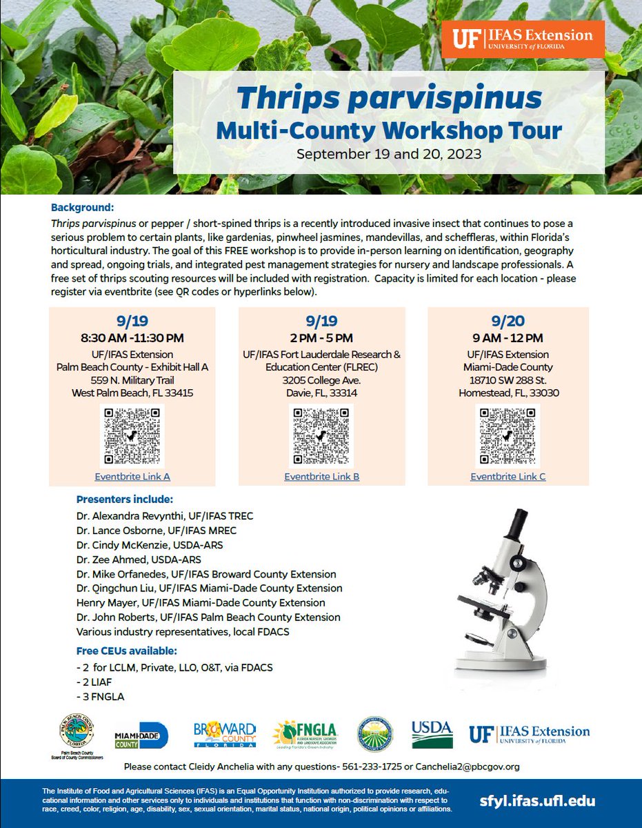 alex_revynthi's tweet photo. Three in-person #workhops on #Thrips parvispinus in #Palmbeach #BrowardCounty and #MiamiDade county. Register to attend. @FNGLA @FNGLAMiamiDade @FDACSDPI @FlaFarmBureau @farm @UFTropical @UFEntNem @USDA_ARS @ClinicPlant @USDA @UF_IFAS https://t.co/0H3KxijVjN