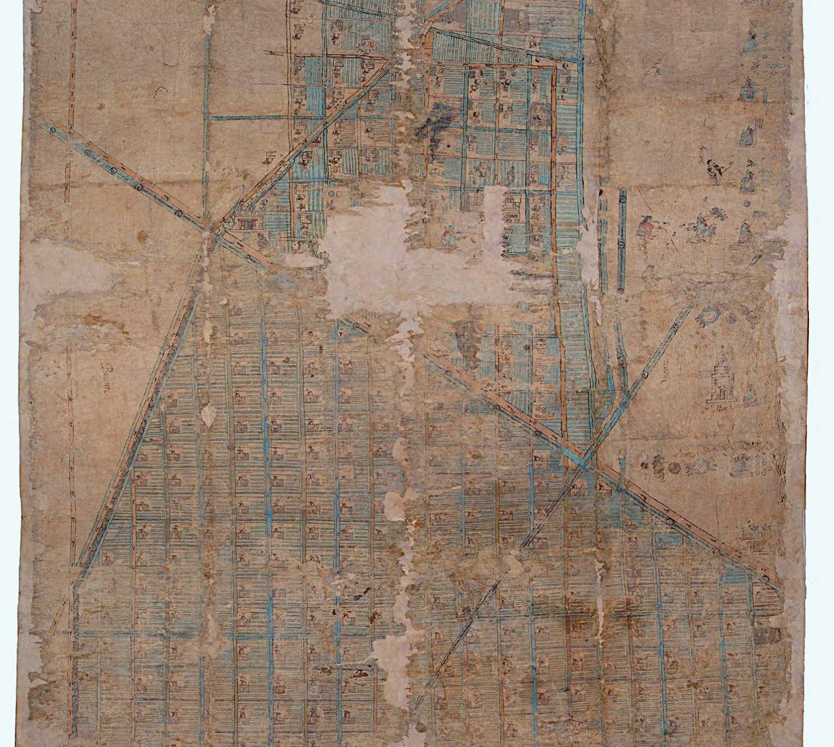 ThomasKoleTA's tweet photo. The "Plano en Papel de Maguey" is a map of a (yet unknown) section of Tenochtitlan. It shows an area neatly divided into a grid, with on each cell a house(hold). The cells are then divided into thin strips of farmland, chinampas.

https://t.co/31FSp9NBIm https://t.co/bjiMZ5xlcM