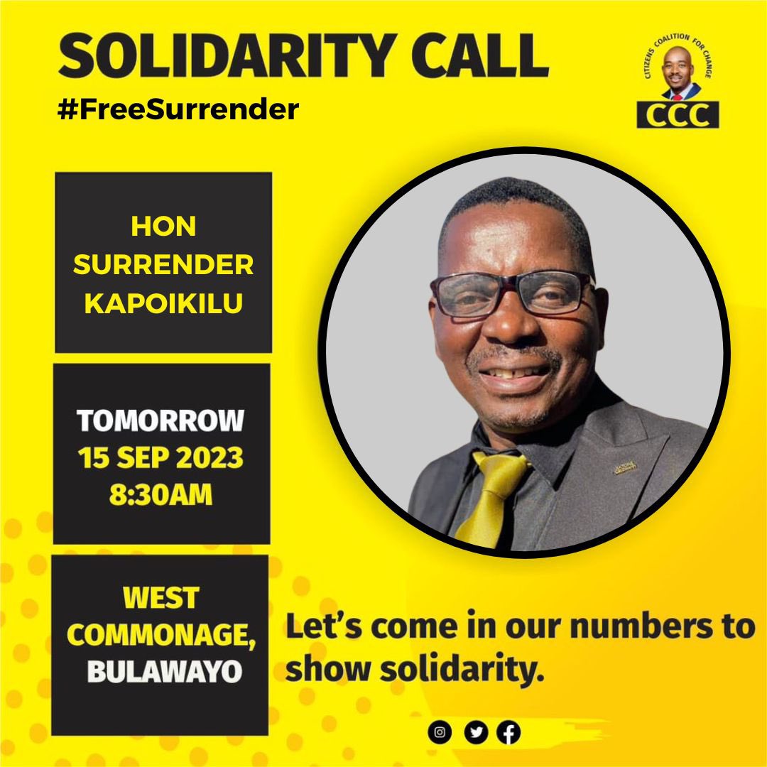 mthwadiaspora's tweet photo. Pelandaba/Tshabalala MP Hon Gift Siziba and Bulawayo Central MP Hon Surrender Kapoikilu are both appearing at Bulawayo West Comm Court tomorrow at 8:30. Let us turn up in numbers and show solidarity with our MPs. #FreeOurMPs https://t.co/8vS7KcHG3w