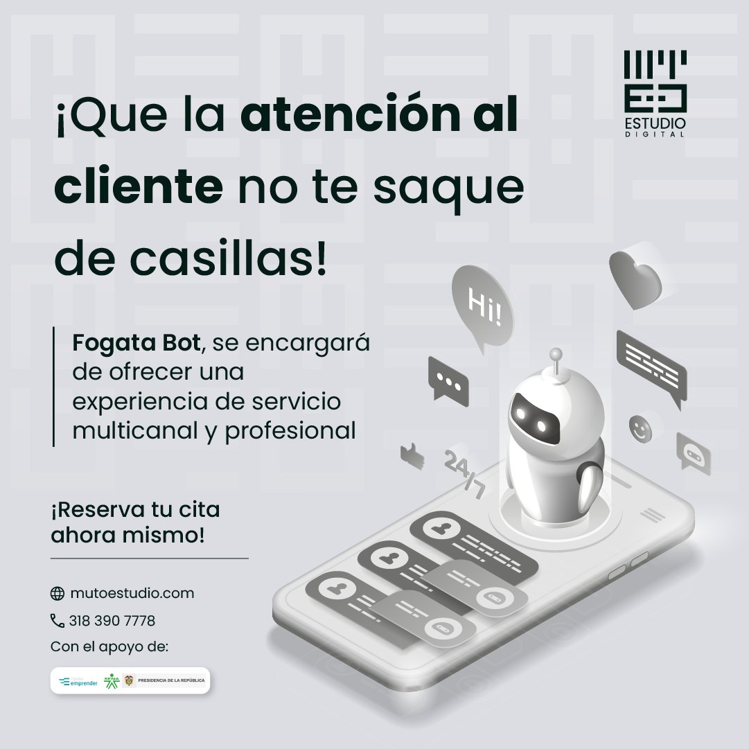 mutoestudio's tweet photo. En Muto Estudio Digital vamos un paso adelante, para ofrecer respuestas efectivas a las necesidades particulares de cada marca. Te presentamos a Fogata Bot, una herramienta omnicanal que se encargará de ofrecer una experiencia de servicio al cliente desde el primer mensaje. https://t.co/4P41rXEgke