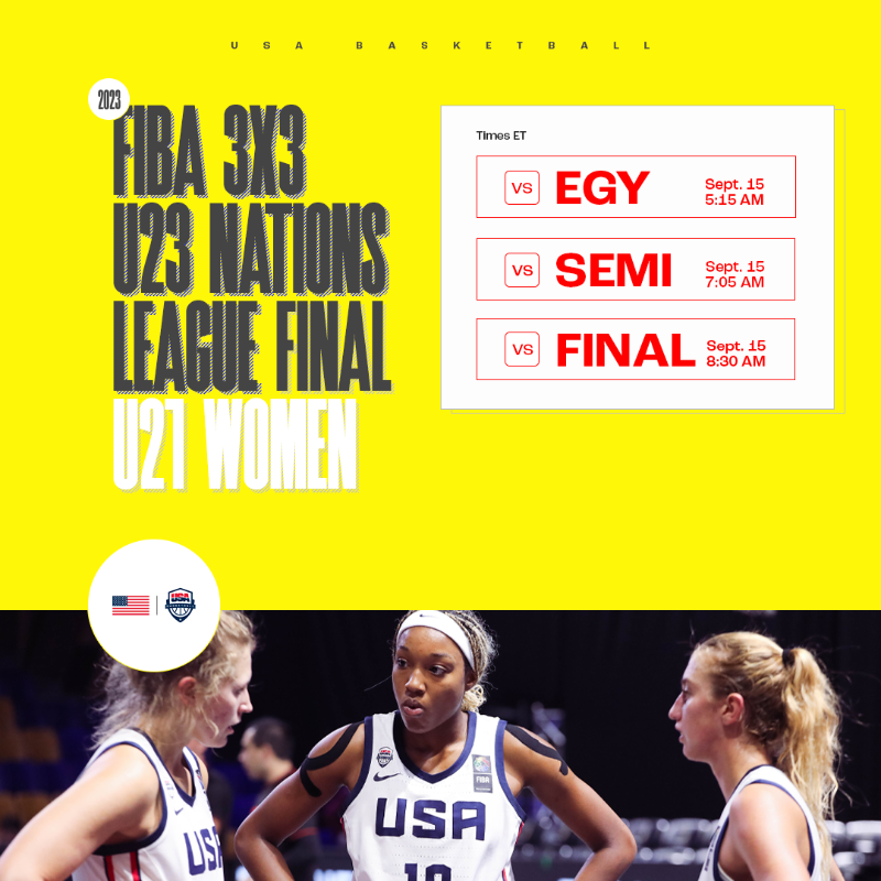 usab3x3's tweet photo. #3x3NL Quarterfinal matchups on deck tonight with a potential USA vs USA semifinal 👀

🇺🇸 U21 vs 🇪🇬 Egypt
🇺🇸 U23 vs 🇫🇷 France U21