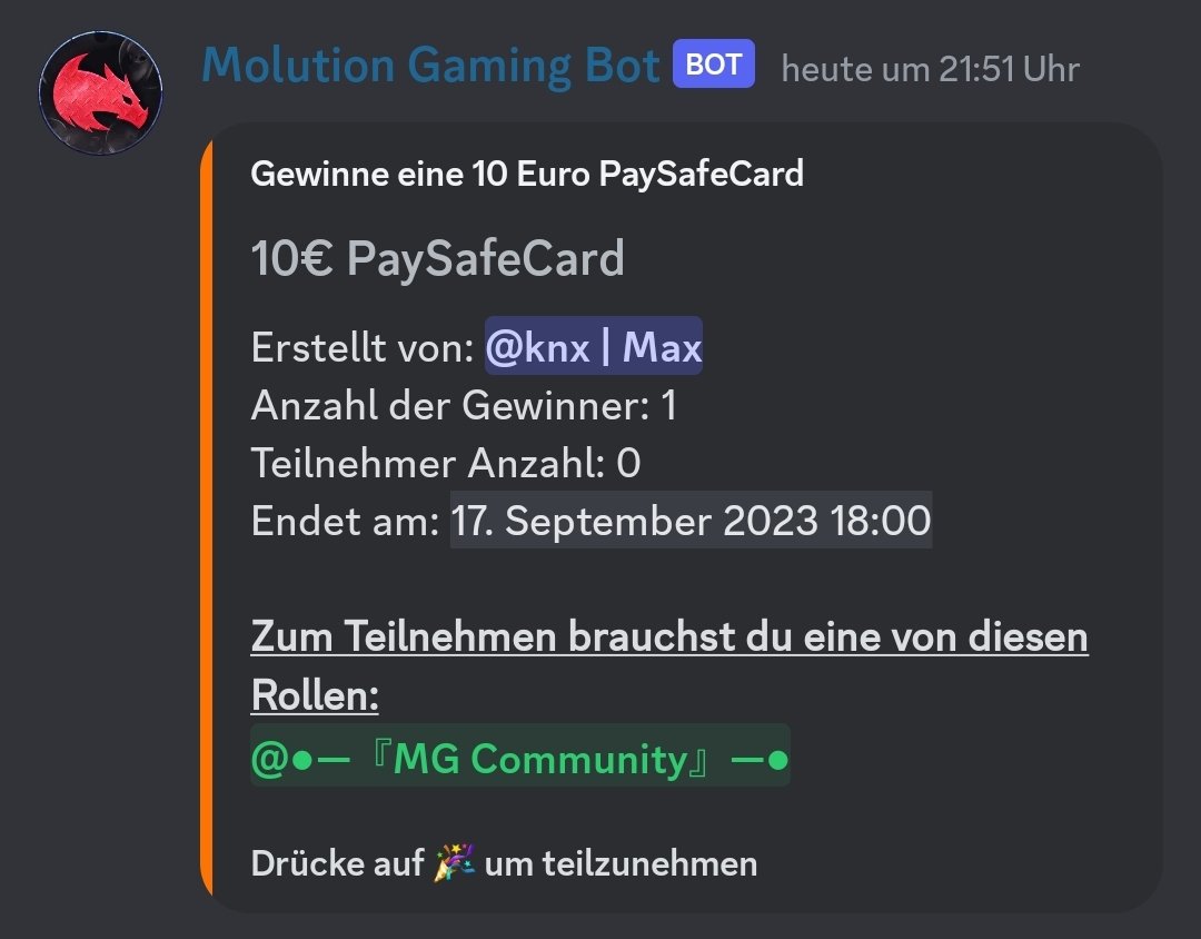 Hey,

Ihr habt Lust eine 10€ Paysafecard zu gewinnen? Dann kommt doch jetzt auf unseren Discord und nehmt teil!

Das Gewinnspiel endet am 17. September um 18:00 Uhr, und der Gewinner wird auf unserem Discord bekannt gegeben.

Discord:
dc.molution-gaming.de
