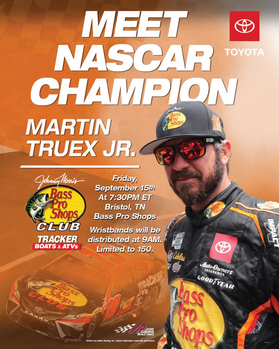 It's a meet and greet with @MartinTruex_Jr! Head to the @BassProShops in Bristol tomorrow to hang with the #NASCAR Cup Series Champ. Wristbands will be distributed at 9 am ET (limited to 150).