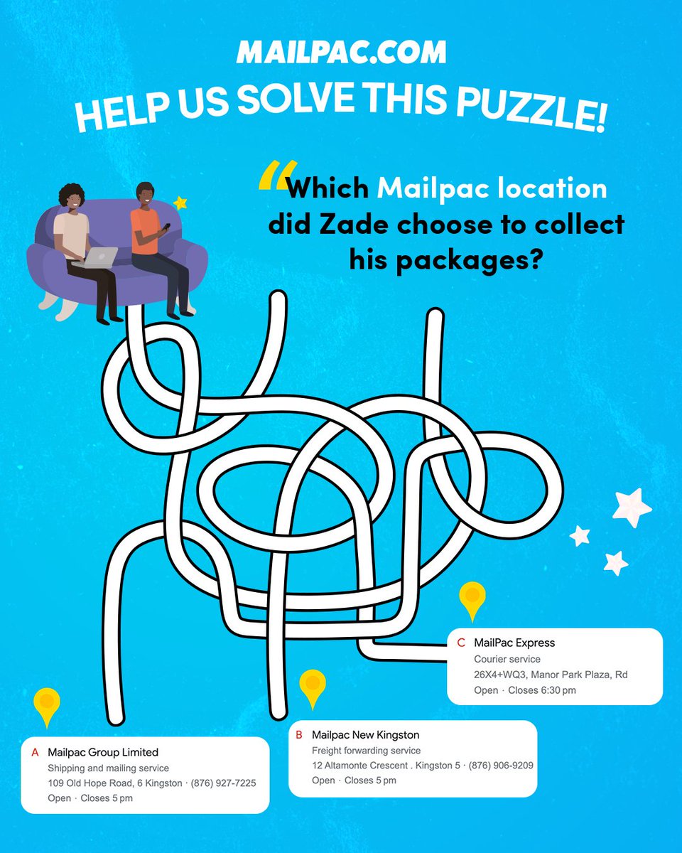 Tell us which Mailpac location Zade will choose to collect his packages

#Mailpac #OnlineShopping