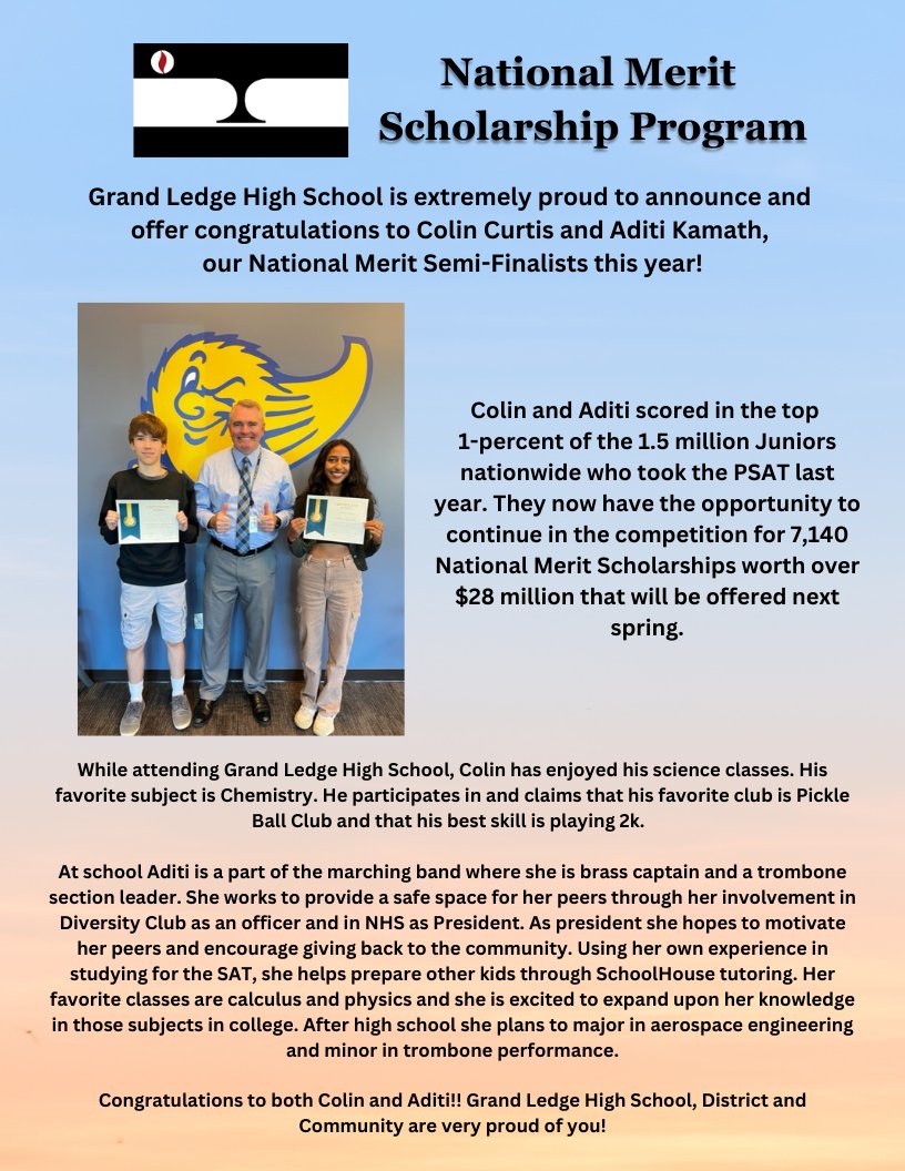 GrandLedgeHS's tweet image. Congratulations to Colin and Aditi on being named Semifinalists in the National Merit Scholarship Program! We are proud of you!