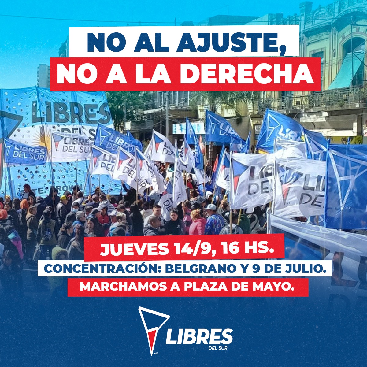 Libresdelsurfv's tweet photo. #Ahora estamos movilizando hacía Plaza de Mayo para decirle #NoAlAjuste, no a la derecha y sus recetas de hambre hacia el pueblo trabajador.
Exigimos aumento del salario mínimo y congelamiento de precios que le ganen a la inflación.
Además, reclamamos alimentos para los comedores https://t.co/Tc7mhsYOGW