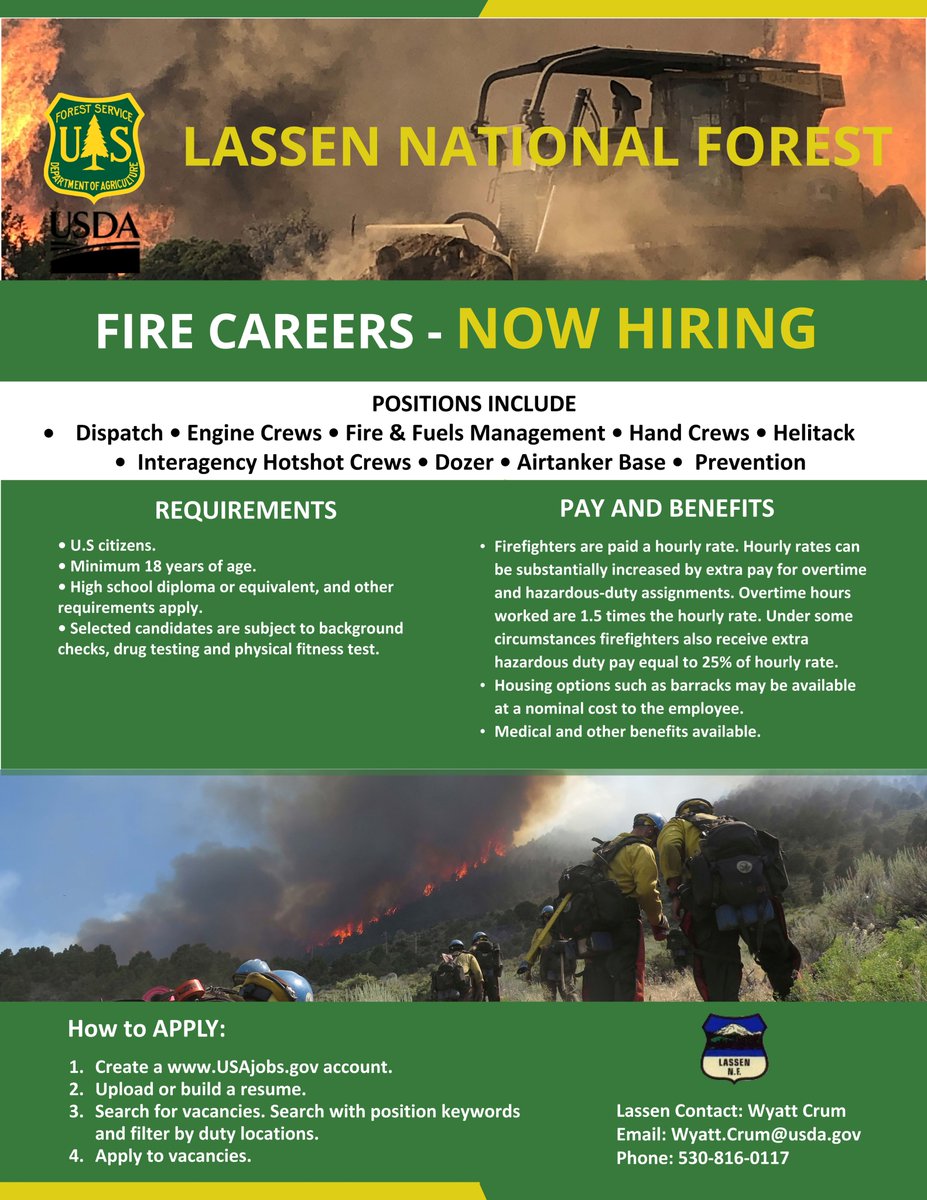 LassenNF's tweet photo. #WildlandFirefighter #ForestServiceJobs
See what jobs are available near you at https://t.co/VYDyrxqoav
For more info on #LassenNationalForest Fire Careers contact Wyatt Crum, wyatt.crum@usda.gov https://t.co/BHWM8W4m5y