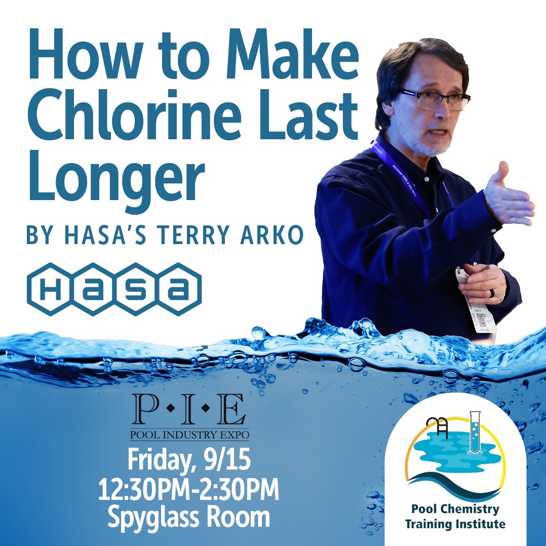 Great concepts about “How to Make Chlorine Last Longer” will be an informative session by HASA and PCTI’s Terry Arko at the Pool Industry Expo on Friday from 12:30 – 2:30 pm in the Spyglass Room. Join the session and learn ways to save money on chlorine. #PCTI #chloring #PIEshow