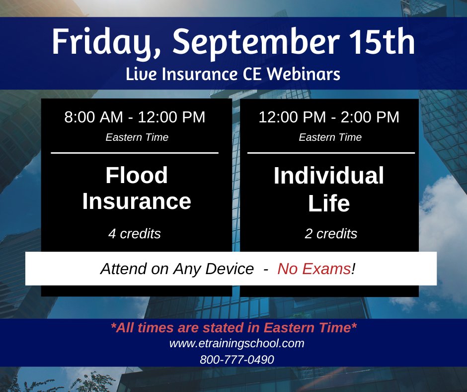EITINS's tweet image. #Friday: Join us from your home or office for our #FloodInsurance (4cr) and #IndividualLife (2cr) #webinars. #NoExam! Attend via desktop, laptop or mobile device. #NoExams!

Register now at: bit.ly/3ECJrDU 

#EasyCE #RemoteCE