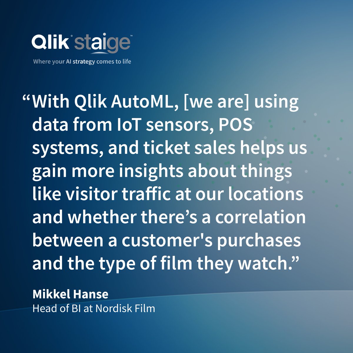 qlik's tweet photo. Lights, camera, #QlikStaige! 🎬

Qlik Staige delivers new #AI-powered capabilities to orgs like #QlikCustomer @Nordiskfilm, who are already using Qlik AutoML to predict &amp; plan moviegoer behavior. Explore more ⬇️